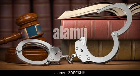 Strafrecht und Justiz Konzept. Richter-Gavel, Handschellen und Bücher. 3d-Illustration Stockfoto