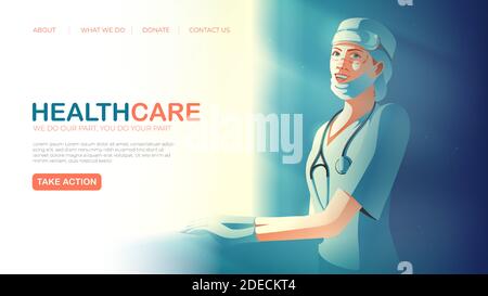 Landing-Page-Vorlage in Vektordarstellung des Gesundheitswesens mit Der lächelnde unermüdliche Gesundheitsarbeiter, der Ruhe neben der nimmt Angezeigt Stock Vektor