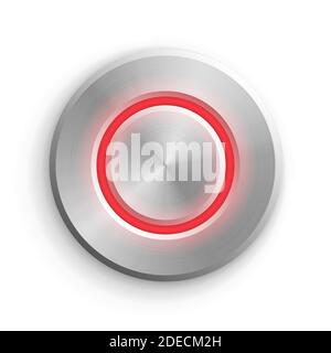 Verchromte Kreisschaltfläche. Metall Silber runde 3d Symbol Vektor Illustration. Glänzendes rundes realistisches Objekt auf weißem Hintergrund. Abstraktes Element mit Rot Stock Vektor