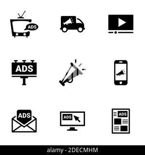 Icons für Thema Werbung, Medien, Kommunikation, Vektor, Symbol, Set. Weißer Hintergrund Stock Vektor