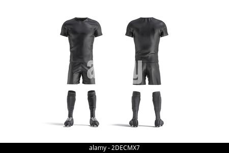 Blank schwarz Fußball Uniform Mockup, Vorder-und Rückansicht, 3d-Rendering. Leerer Fußballspieler Trainingsanzug, isoliert. Klares sportliches Trainingsduffle Stockfoto