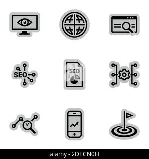 Icons für Thema SEO Optimierung und Förderung, Vektor, Symbol, Satz. Weißer Hintergrund Stock Vektor