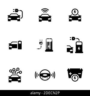Satz von einfachen Symbolen auf einem Thema fahrerlose autonomes Auto. Elektrisch angetriebenes Auto, Vektor, Satz. Weißer Hintergrund Stock Vektor