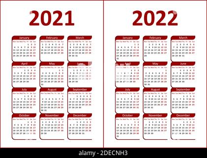 Kalender für 2021, 2022. Rote und schwarze Buchstaben und Figuren auf weißem Hintergrund. Die Woche beginnt am Montag. Stock Vektor