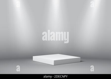 Graues quadratisches Podium für Produkt. 3d-Sockel in Spotlight Vektorgrafik. Geometrische Bühne auf dem Boden im Zimmer. Abstrakt realistische Ort für Stock Vektor