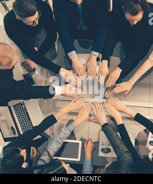 Draufsicht. Business-Team verbindet ihre Hände in einem Kreis Stockfoto