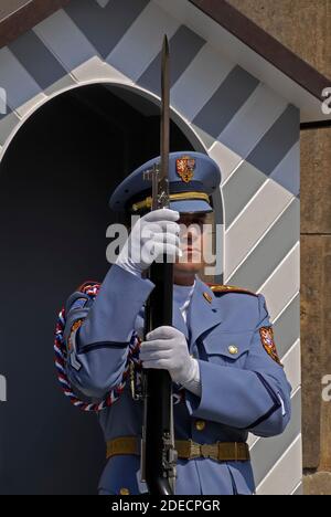 Prager Burg, Prag, Tschechische Republik / Tschechien: Drei Wachen der Prager Burgwache, die in ihren blassblauen Sommeruniformen mit flachen Spitzenkappen, goldenen Gürteln und Geflecht in den tschechischen Nationalfarben Rot, Weiß und Blau glänzte. Das Trio wird beim Wachwechsel im ersten Innenhof des Schlosses mit geschulterten Gewehren und fixierten Bajonetten auf den Betrachter zumarschiert dargestellt. Stockfoto