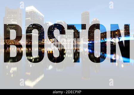 Boston, USA - Stadtschild mit Hintergrundbild. Stockfoto