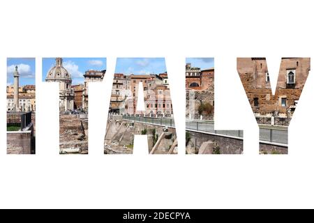 Italien - Länderzeichen mit Foto in Rom im Hintergrund. Isoliert auf weiß. Stockfoto