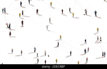Luftaufnahme von Menschenmassen, die durch Linien, soziale Medien und Kommunikationskonzept verbunden sind. Draufsicht auf Männer und Frauen isoliert auf weißem Hintergrund mit Schatten. Online bleiben, Internet, Technologien. Stockfoto