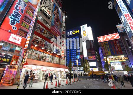 TOKIO, JAPAN - 1. DEZEMBER 2016: Menschen gehen im Akihabara-Viertel von Tokio, Japan. Akihabara Bezirk ist bekannt als Electric Town Bezirk, es hat repu Stockfoto