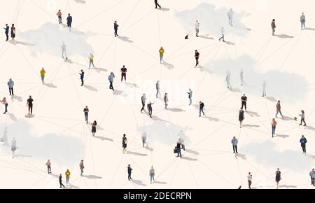 Luftaufnahme von Menschenmassen, die durch Linien, soziale Medien und Kommunikationskonzept verbunden sind. Draufsicht auf Männer und Frauen isoliert auf weißem Hintergrund mit Schatten. Online bleiben, Internet, Technologien. Stockfoto