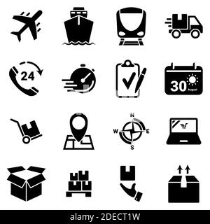 Satz von einfachen Symbolen auf einem Thema Transport, Logistik, Fracht, Vektor, Design, flach, Zeichen, Symbol, Element, Objekt, Illustration. Schwarze Symbole isolieren Stock Vektor