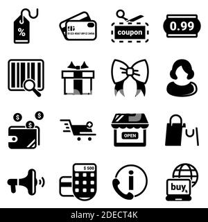 Satz von einfachen Symbolen auf einem Thema Einkaufen, Handel, E-Commerce, Geld, Kauf, Verkauf, Kredit, Shop, Internet, Vektor, Satz, Wohnung, Zeichen, Symbol, Objekt. Stock Vektor
