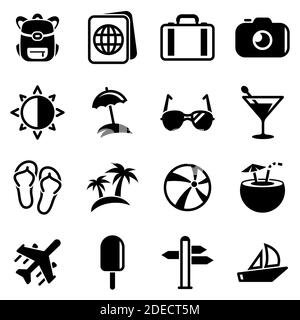 Set von einfachen Symbolen auf ein Thema Reisen, Sommer, Hitze, Eis, Hausschuhe, Unterhaltung, Strand, Vektor, Design, Wohnung, Zeichen, Symbol, Objekt, illustrati Stock Vektor