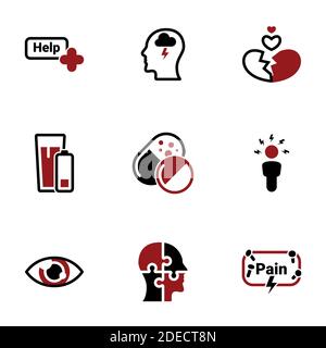 Satz von einfachen Symbolen auf einem Thema Depression, Stress, Schmerz, Antidepressivum, Schmerz, Angst, Vektor, gesetzt. Schwarze Symbole vor weißem Hintergrund isoliert Stock Vektor