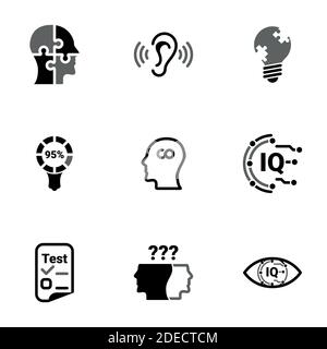 Satz von einfachen Symbolen auf einem Thema Intellekt, Forschung, Geist, Gehirn, Person, Vektor, Satz. Schwarze Symbole vor weißem Hintergrund isoliert Stock Vektor
