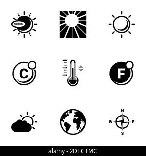 Satz von einfachen Symbolen auf einem Thema Sonne, Sommer, Vektor, Design, flach, Zeichen, Symbol, Objekt, Illustration. Schwarze Symbole vor weißem Hintergrund isoliert Stock Vektor