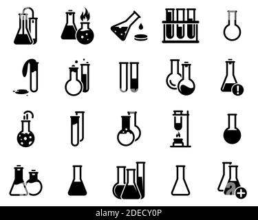 Satz von einfachen Symbolen auf einem Thema Flasche, Labor, Experiment, Vektor, Design, Sammlung, flach, Zeichen, Symbol, Element, Objekt, Illustration. Schwarzes Symbol Stock Vektor