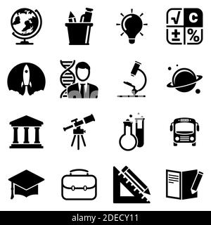 Satz von einfachen Symbolen auf einem Thema Schule, Studium, Bildung, Schüler, Vektor, Design, Sammlung, Wohnung, Zeichen, Symbol, Element, Objekt, Illustration. Schwarz Stock Vektor