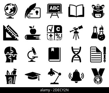 Satz von einfachen Symbolen auf einem Thema Schule, Bildung, Bildung, Vektor, Design, Sammlung, Wohnung, Zeichen, Symbol, Element, Objekt, Illustration. Schwarze Symbole Stock Vektor
