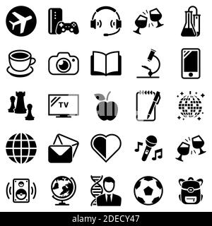 Satz von einfachen Symbolen auf einem Thema Hobbies, Unterhaltung, Vektor, Design, Sammlung, flach, Zeichen, Symbol, Element, Objekt, Illustration. Schwarze Symbole isola Stock Vektor