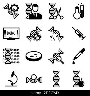 Satz von einfachen Symbolen auf einem Thema Genetik, Medizin, Forschung, Vektor, Design, Sammlung, flach, Zeichen, Symbol, Element, Objekt, Illustration. Schwarze Symbole Stock Vektor