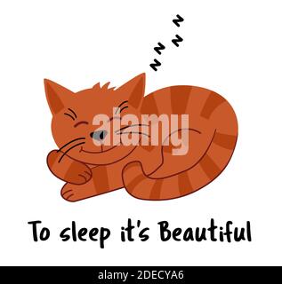 Nette Haustier Katze glücklich schlafen. Zu schlafen ist schön. Flaches Design. Isoliert auf weißem Hintergrund. Vektorgrafik. Stock Vektor