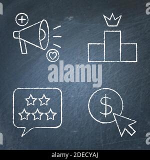 Schwarzes SEO-Symbol für Tafel im Linienstil. Pay per Click, Customer Review, Marketing und Ranking Symbole auf der Tafel. Vektorgrafik. Stock Vektor