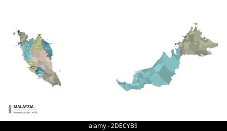 Malaysia Higt Detailkarte mit Unterteilungen. Verwaltungskarte von Malaysia mit Bezirken und Städten Namen, farbig nach Bundesstaaten und administrative dist Stock Vektor