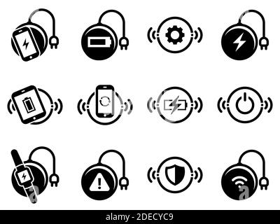 Satz von einfachen Symbolen auf einem Thema Wireless-Ladegerät, Vektor, Design, Sammlung, flach, Zeichen, Symbol, Element, Objekt, Illustration. Schwarze Symbole isoliert ag Stock Vektor