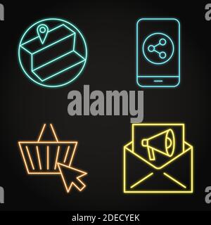 Neon Suchmaschinen-Optimierung Symbol in Linie Stil gesetzt. Social Media, lokale SEO, E-Commerce und E-Mail Marketing Symbole. Vektorgrafik. Stock Vektor