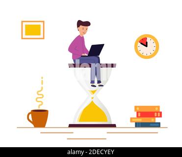 Junger Mann sitzt auf einer Sanduhr und arbeitet auf Laptop. Deadline, Business-Prozess, Rush Arbeit. vektor-Illustration in modernen flachen Stil isoliert auf whi Stock Vektor