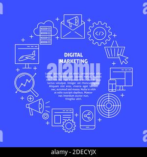 Digitales Marketing-Banner mit rundem Rahmen und Text. Poster mit Symbolen zur Suchmaschinenoptimierung. Vektorgrafik. Stock Vektor