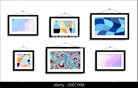 Abstrakte Bilder hängen an der Wand. Abstrakte Kunst in einer Galerie auf weißem Hintergrund. Vektorfarbe abstraktes Bild isoliert einstellen. Stock Vektor