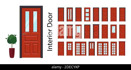 Innentüren in rot. Große Sammlung von Vektor-Türen. Türen mit oder ohne Glas. Realistische Vektordarstellung isoliert auf weißem Hintergrund. Stock Vektor
