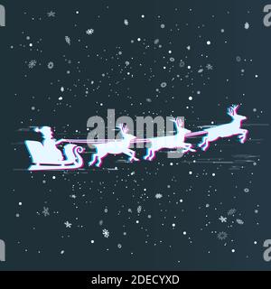 Glitch santa fliegen auf Schlitten mit Rentieren Stock Vektor
