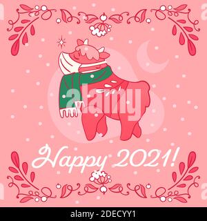 Happy 2021 - Grußkarte mit niedlichem Ochsencharakter in Maske und Schal. Weihnachts-Grußbanner für soziale Medien, rote und grüne Farbpalette Stock Vektor