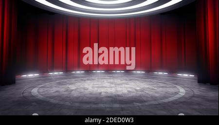 Vollständige Aufnahme eines virtuellen Theaterhintergrunds mit rotem Vorhang, ideal für Live-Shows oder Musikveranstaltungen. 3D-Rendering Hintergrund geeignet auf VR-Tracking-System Stockfoto