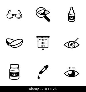 Satz von einfachen Symbolen auf einem Thema Optometrie, Vektor, Design, Sammlung, flach, Zeichen, Symbol, Element, Objekt, Illustration, isoliert. Weißer Hintergrund Stock Vektor