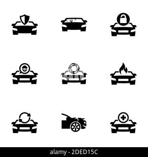Satz von einfachen Symbolen auf einem Thema Autoversicherung, Vektor, Design, Sammlung, flach, Zeichen, Symbol, Element, Objekt, Illustration, isoliert. Weißer Hintergrund Stock Vektor