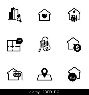 Satz von einfachen Symbolen auf einem Thema Immobilien, Vektor, Design, Sammlung, Wohnung, Zeichen, Symbol, Element, Objekt, Illustration, isoliert. Weißer Hintergrund Stock Vektor