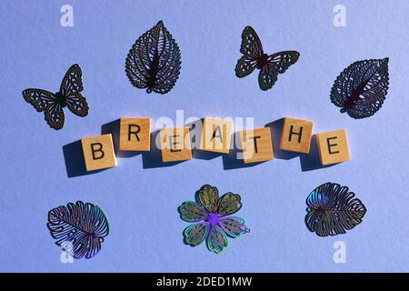 Atmen, Wort in Holz-Alphabet Buchstaben mit Blatt-und Schmetterling-Formen isoliert auf lila Hintergrund Stockfoto