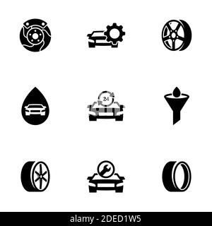Satz von einfachen Symbolen auf einem Thema Car Service, Vektor, Design, Sammlung, flach, Zeichen, Symbol, Element, Objekt, Illustration, isoliert. Weißer Hintergrund Stock Vektor