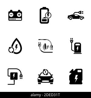 Satz von schwarzen Symbolen isoliert auf weißem Hintergrund, auf Thema Elektroauto Stock Vektor