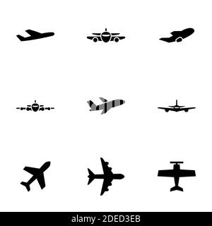 Set von schwarzen Symbolen isoliert auf weißem Hintergrund, Thema Flugzeuge Stock Vektor