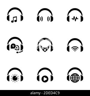 Set von schwarzen Symbolen auf weißem Hintergrund isoliert, auf Thema Kopfhörer Stock Vektor