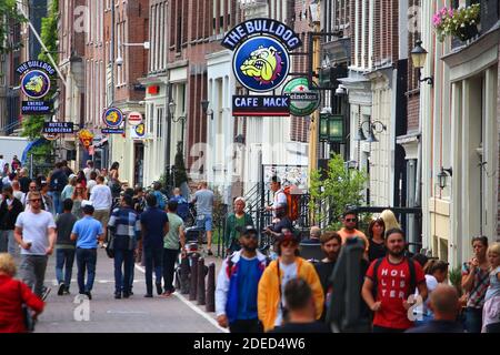 AMSTERDAM, NIEDERLANDE - 10 JULI 2017: Menschen besuchen den Bulldog Coffeeshop in Amsterdam, Niederlande. Coffeeshops legal verkaufen Marihuana für Persona Stockfoto