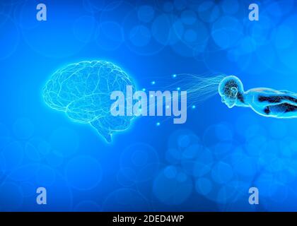 Digitales Bewusstsein, Hirnpotential. Ideen und Innovationen. Befreien Sie Ihren Verstand. Synapsen und künstliche Intelligenz. Cloud und Globalisierung. 3d-Rendering Stockfoto