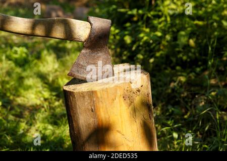 Eine eiserne Axt mit einem Holzgriff, die in einen Baumstumpf geklebt ist. Stockfoto